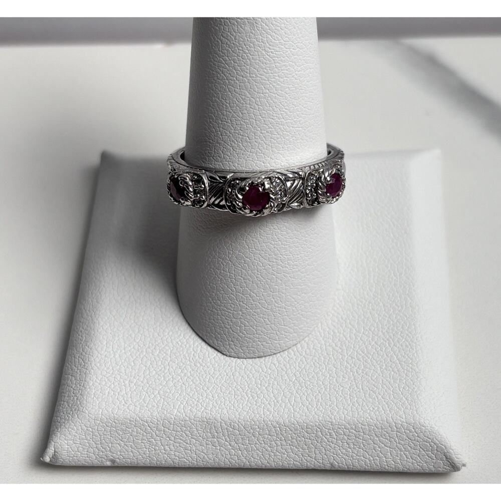 Judith Ripka 925 Sterling Silver Stackable Ruby & Diamonique Band Ring – Size 10